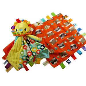 2 Taggies Lion Yellow And Raccoon Orange Lovey Security Baby Blanket Plush Lot